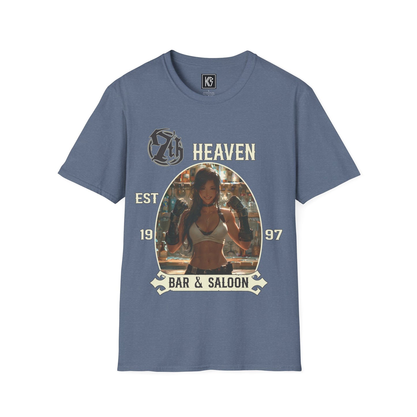 Heather Navy graphic tee, titled 7th Heaven Bar and Saloon, with a bartender in a white tank top, established 1997, Full view