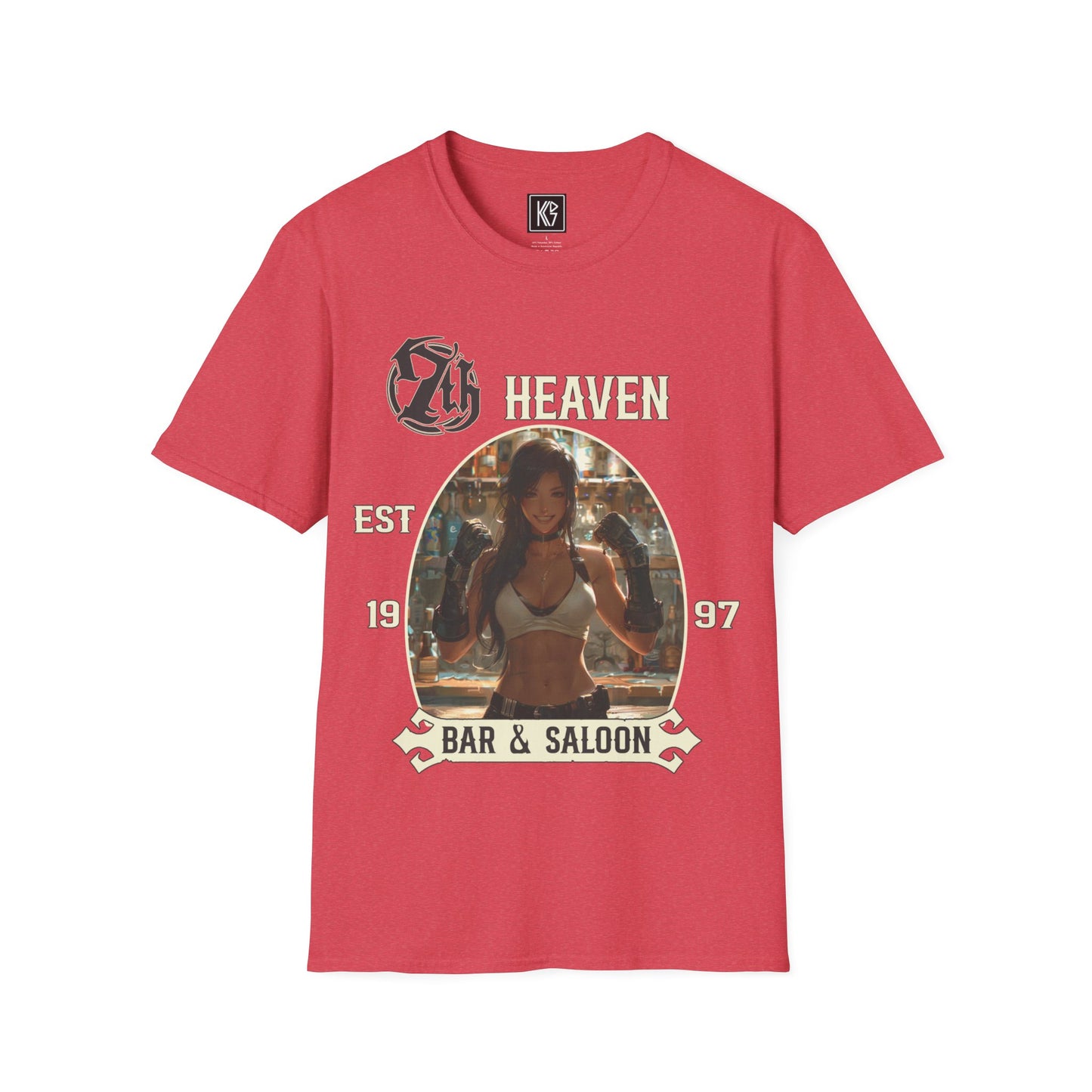 Heather Red graphic tee, titled 7th Heaven Bar and Saloon, with a bartender in a white tank top, established 1997, Full view