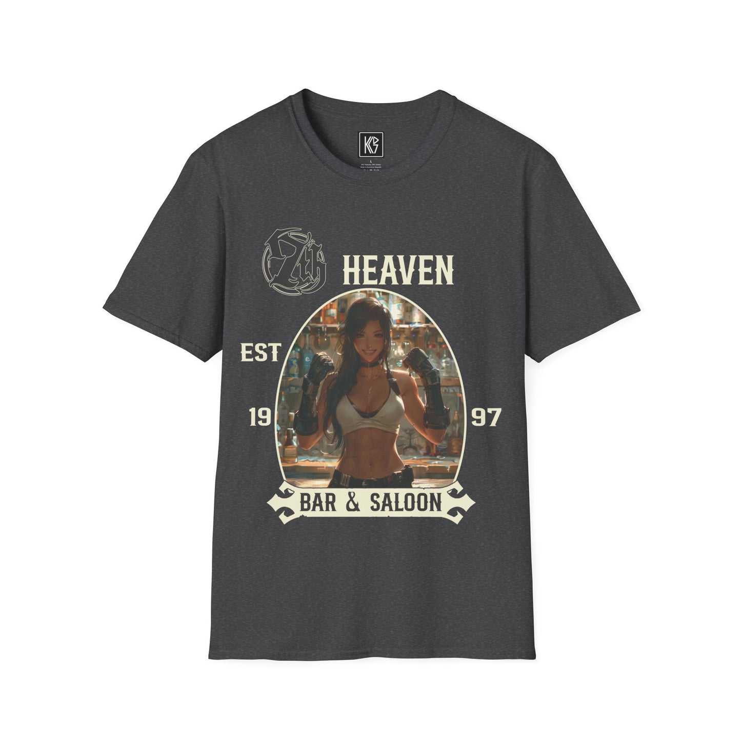 Heather Grey graphic tee, titled 7th Heaven Bar and Saloon, with a bartender in a white tank top, established 1997, Full view