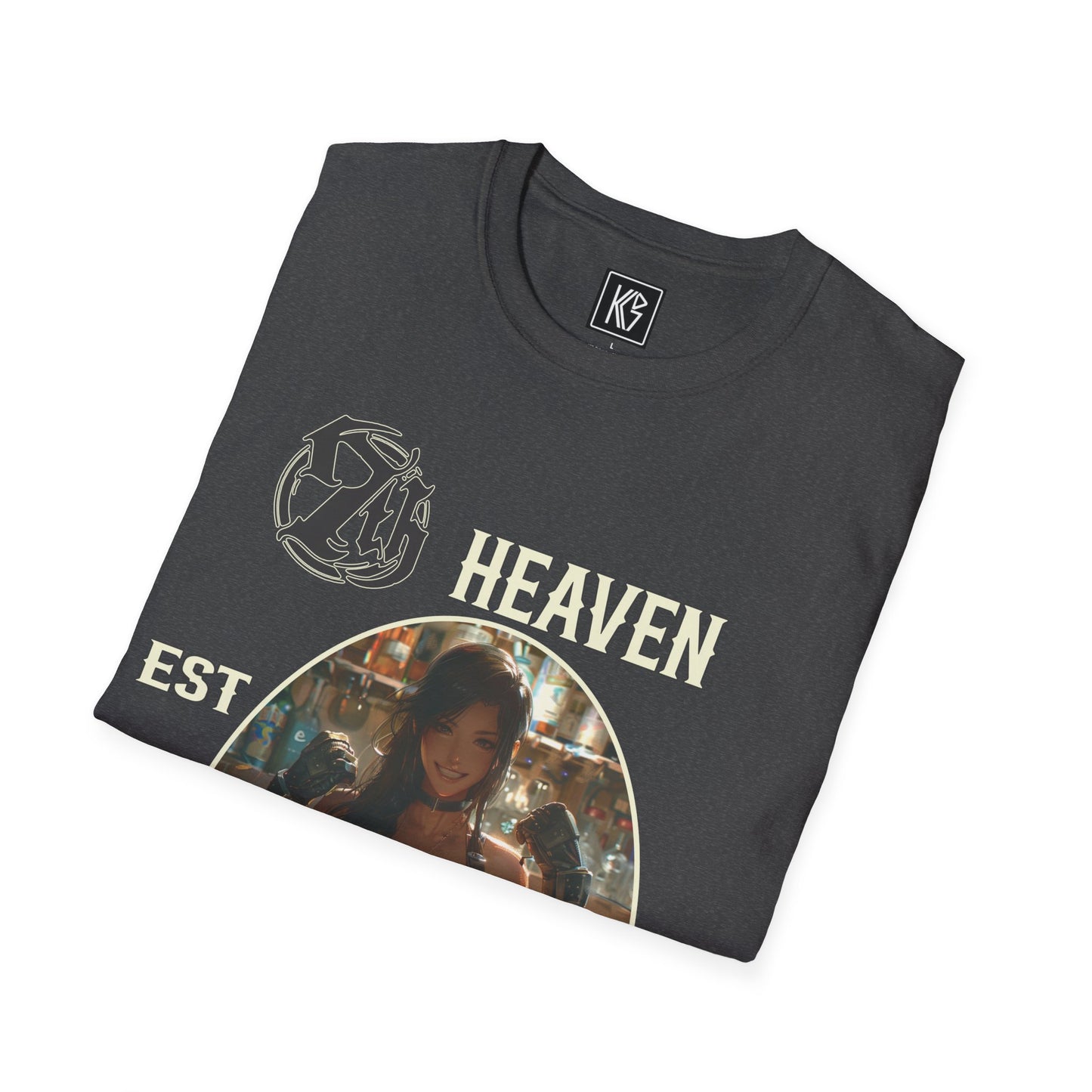 Heather Grey graphic tee, titled 7th Heaven Bar and Saloon, with a bartender in a white tank top, established 1997, Folded view