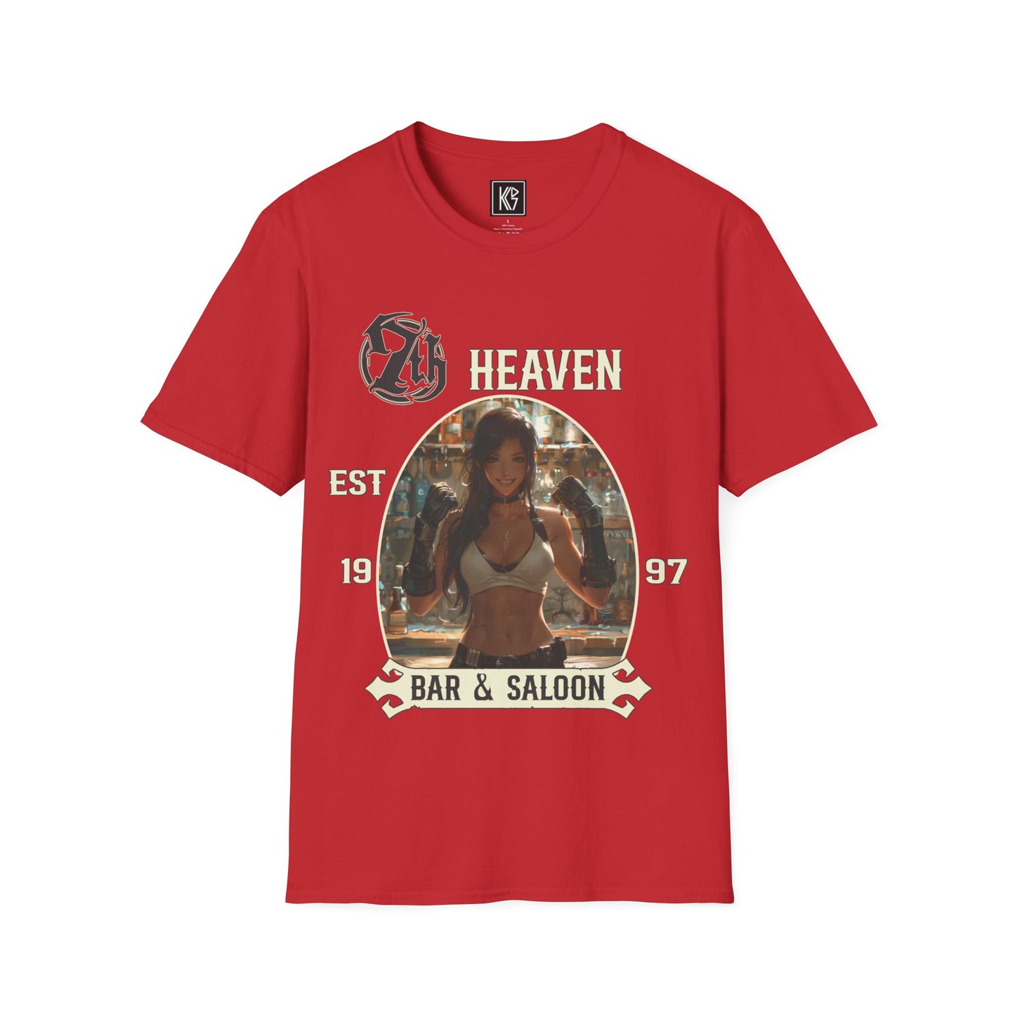 Red graphic tee, titled 7th Heaven Bar and Saloon, with a bartender in a white tank top, established 1997, Full view