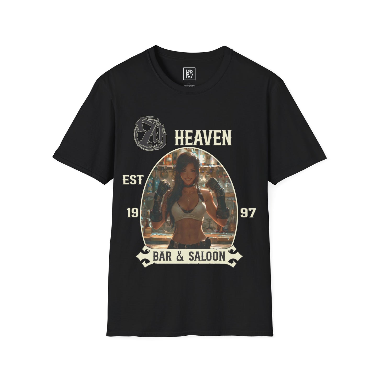 Black graphic tee, titled 7th Heaven Bar and Saloon, with a bartender in a white tank top, established 1997, Full view