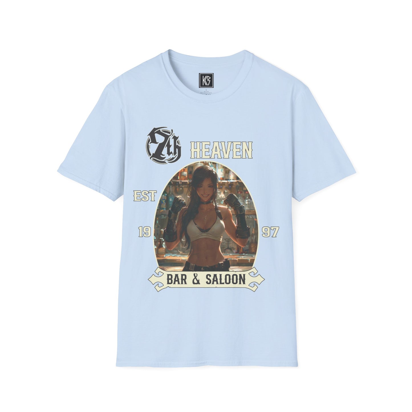 Sky Blue graphic tee, titled 7th Heaven Bar and Saloon, with a bartender in a white tank top, established 1997, Full view