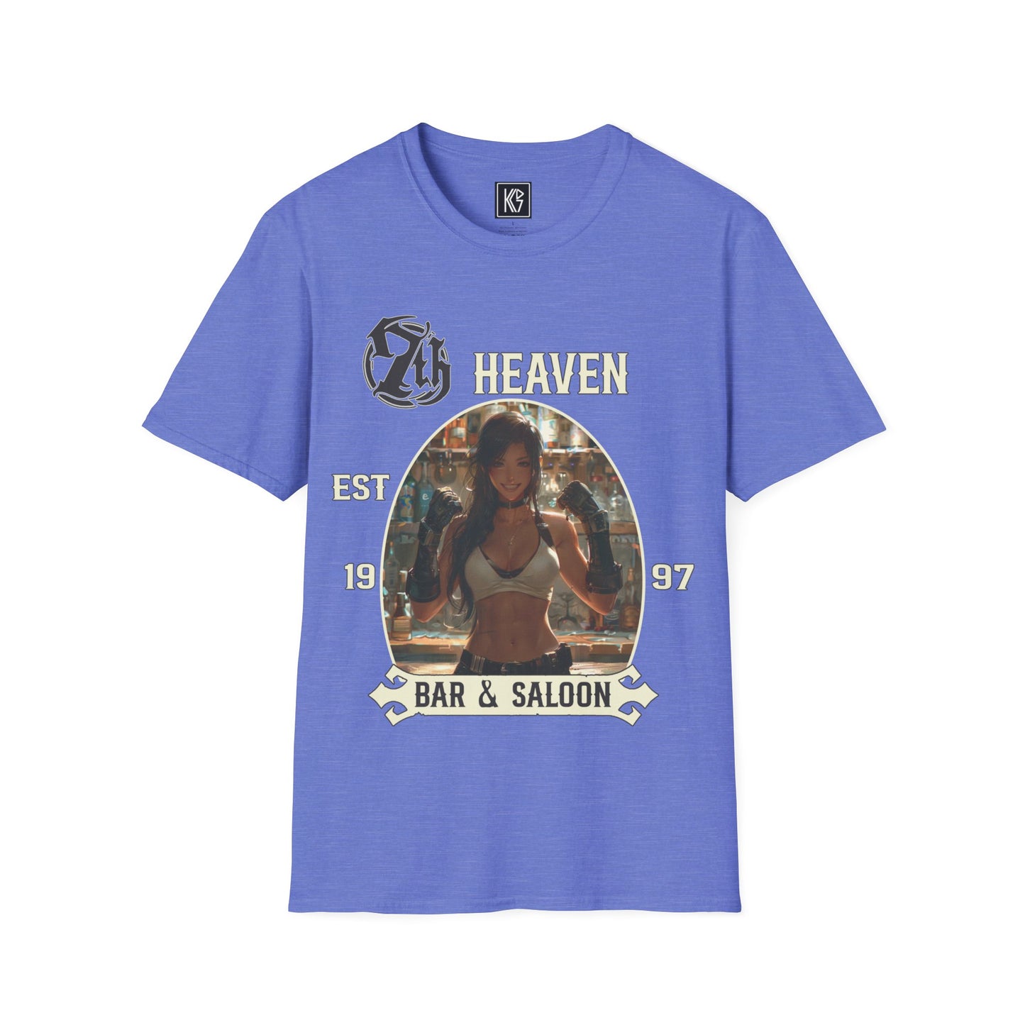 Heather Royal Blue graphic tee, titled 7th Heaven Bar and Saloon, with a bartender in a white tank top, established 1997, Full view