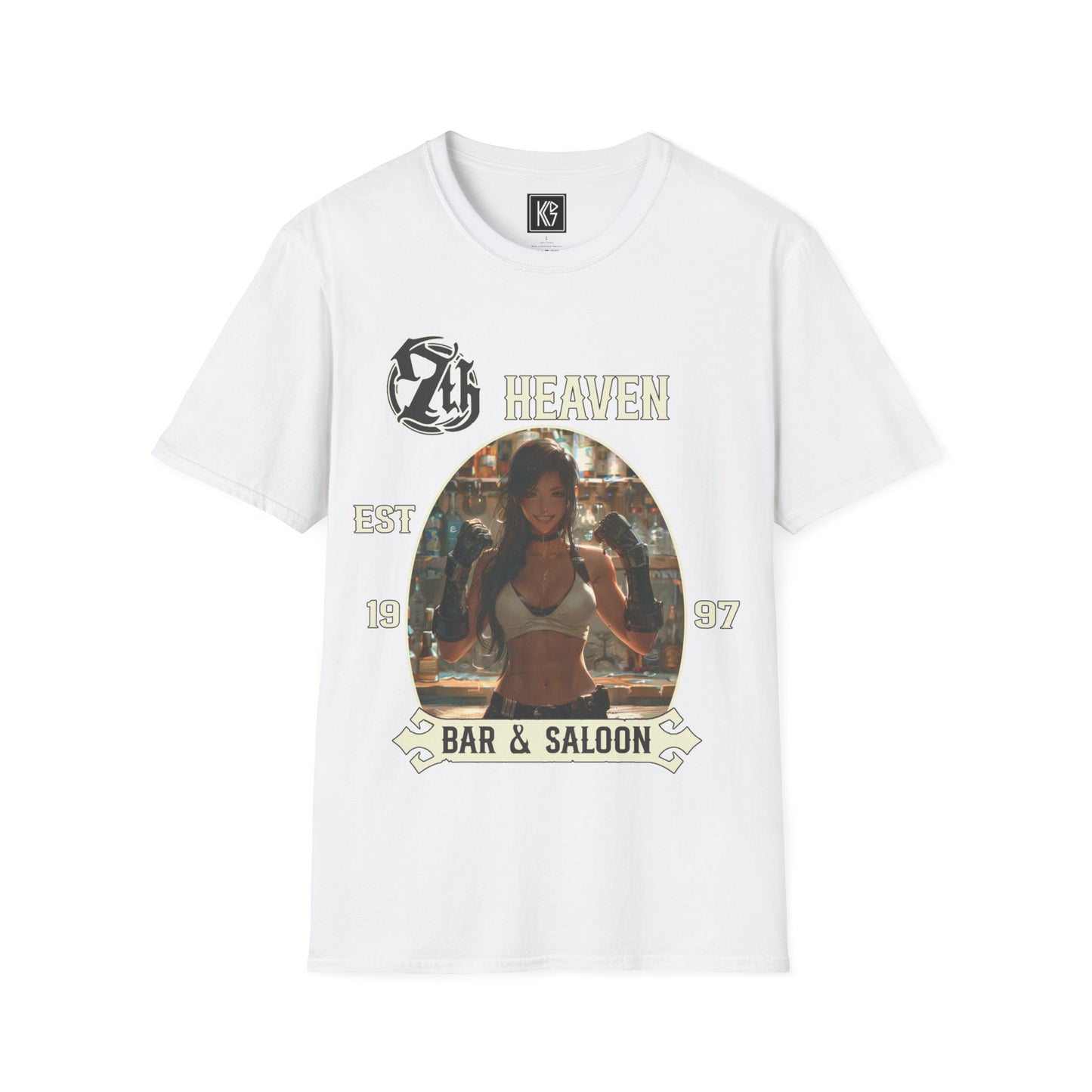 White graphic tee, titled 7th Heaven Bar and Saloon, with a bartender in a white tank top, established 1997, Full view