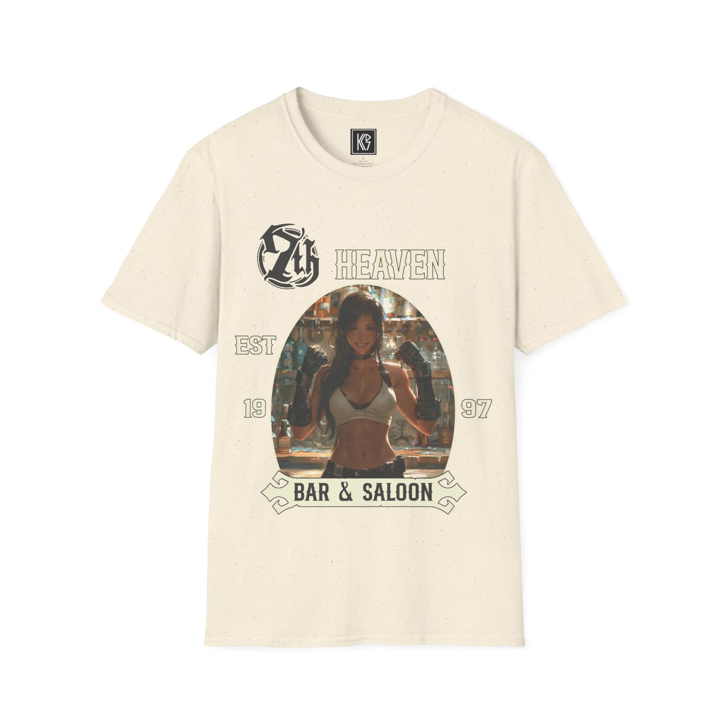 Natural graphic tee, titled 7th Heaven Bar and Saloon, with a bartender in a white tank top, established 1997, Full view