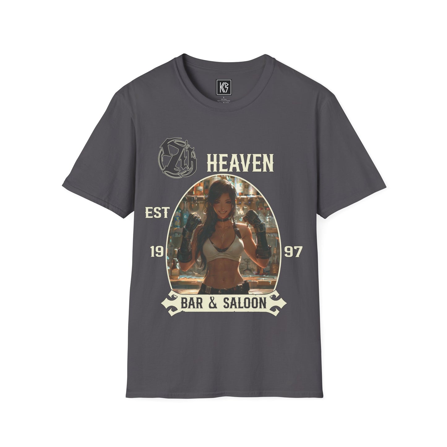 Charcoal graphic tee, titled 7th Heaven Bar and Saloon, with a bartender in a white tank top, established 1997, Full view