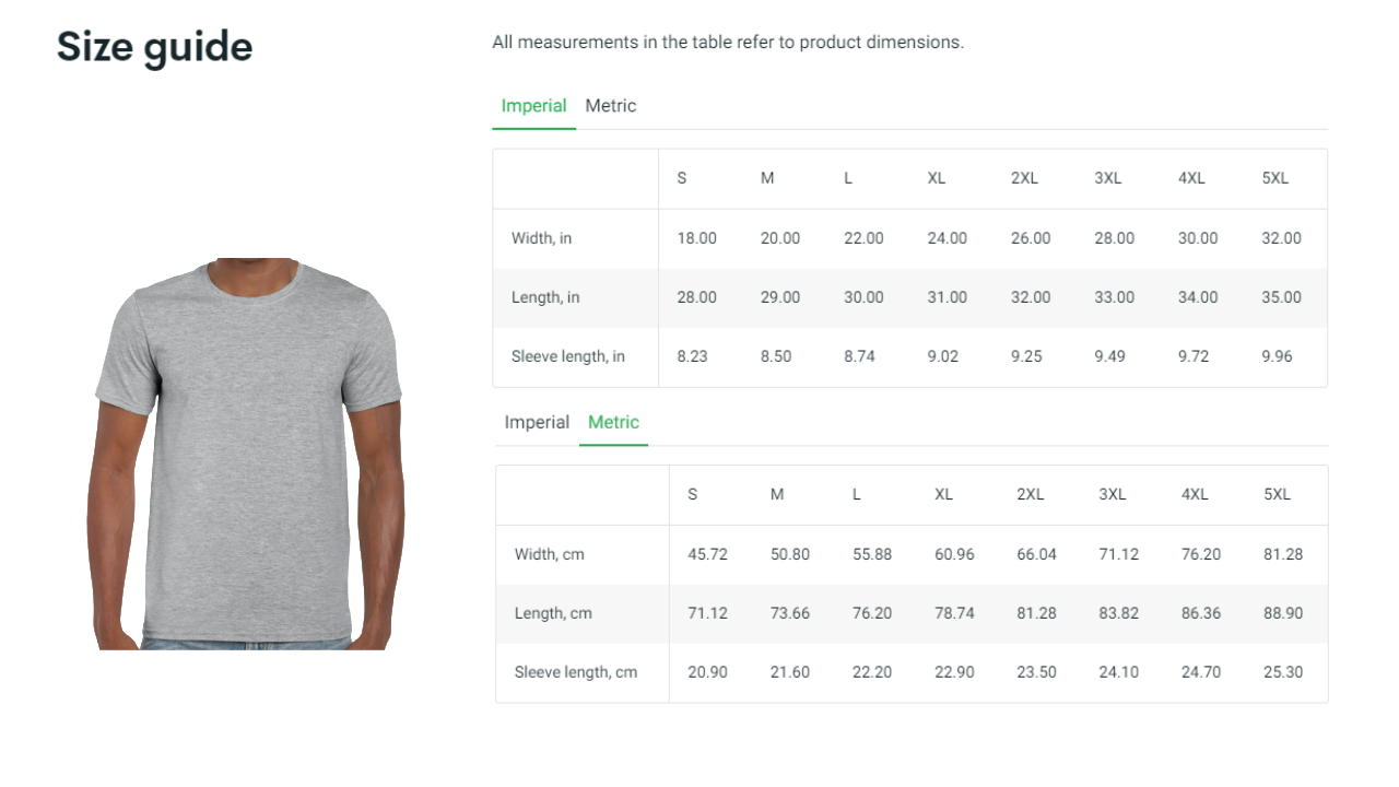 Size chart and guide for Gildan 64000 Tee shirts, available in inches and centimeters